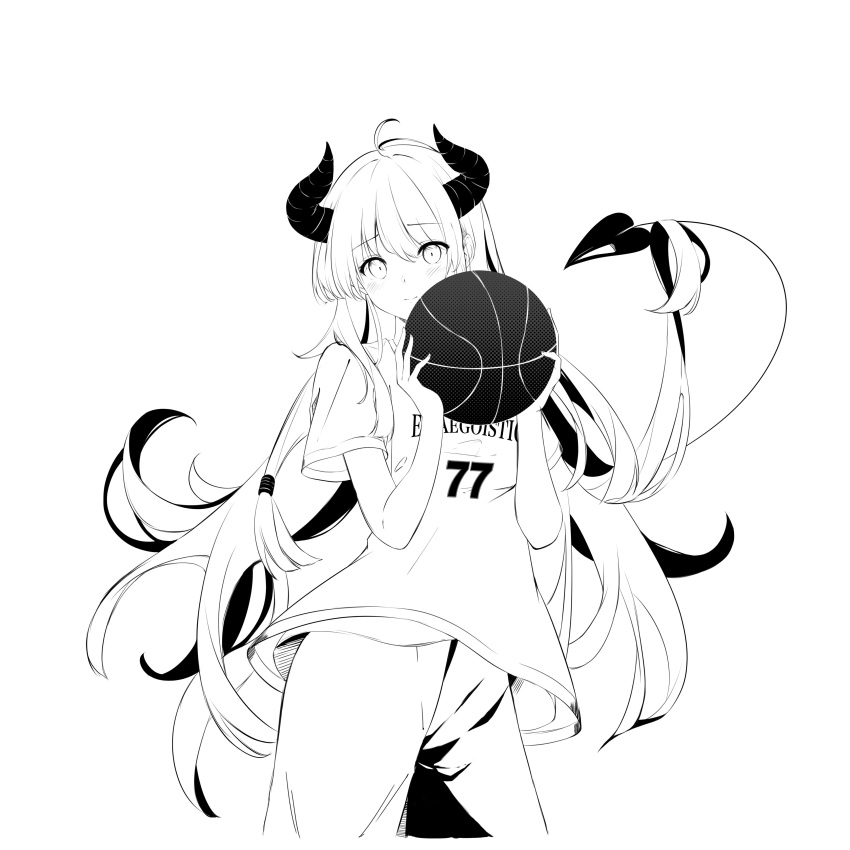 1girl absurdres ahoge ball bangs basketball blush closed_mouth clothes_writing commentary_request cowboy_shot demon_girl demon_horns demon_tail eyebrows_visible_through_hair greyscale hair_between_eyes highres holding holding_ball horns kashima_ema long_hair looking_at_viewer monochrome original shirt short_hair simple_background smile solo standing tail tail_raised very_long_hair white_background