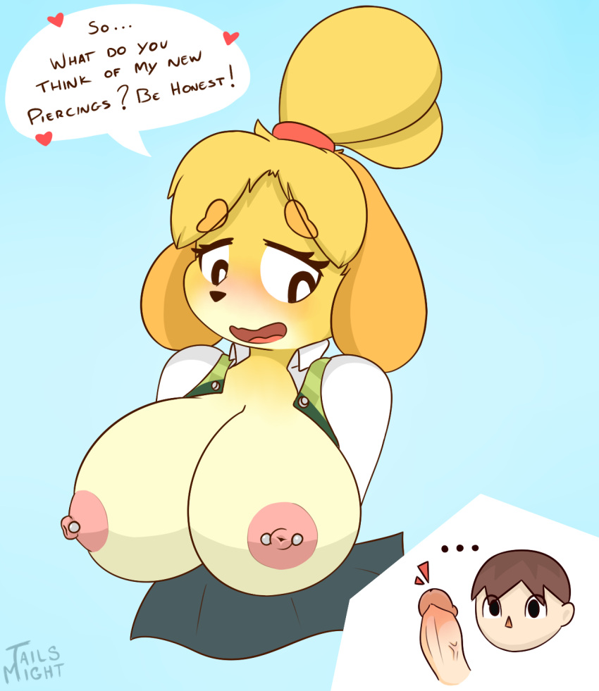 &lt;3 animal_crossing anthro big_breasts blush bottomwear breasts canid canine canis clothed clothing domestic_dog duo erection female floppy_ears fur genitals hi_res huge_breasts human isabelle_(animal_crossing) looking_pleasured male mammal nintendo nipples nude penis simple_background skirt smile tailsmight text video_games villager_(animal_crossing) yellow_body yellow_fur