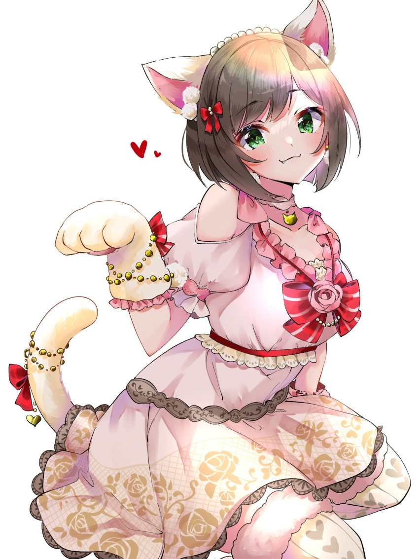 1girl :3 animal_ears animal_hands breasts brown_hair cat_ears cat_paws cat_tail clothing_cutout collarbone dress earrings fang floral_print frilled_dress frills green_eyes heart highres idolmaster idolmaster_cinderella_girls jewelry looking_at_viewer maekawa_miku medium_breasts pom_pom_(clothes) pom_pom_earrings rose_print shoulder_cutout simple_background solo tail white_background yuanagae