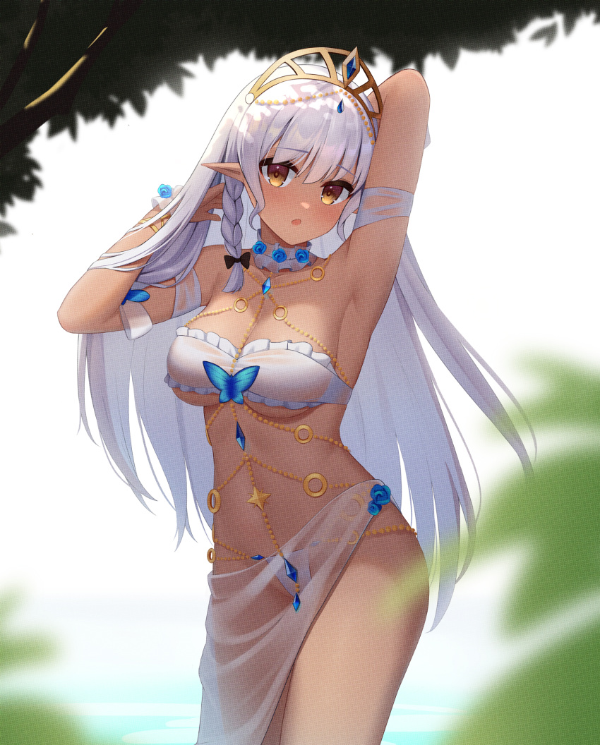 1girl :o arm_behind_head arm_up armband armpits bangs belly_chain bikini blue_flower blurry blurry_foreground bow braid breasts choker cleavage collarbone dappled_sunlight dark-skinned_female dark_elf dark_skin day elf eyebrows_visible_through_hair flower gem hair_between_eyes hair_bow hand_in_hair hand_up head_tilt highres jewelry kirisame_koiiro long_hair looking_at_viewer medium_breasts original outdoors plant pointy_ears sarong see-through side_braid single_braid solo standing straight_hair strapless strapless_bikini sunlight swimsuit tiara tree very_long_hair white_bikini white_choker white_hair wrist_cuffs yellow_eyes