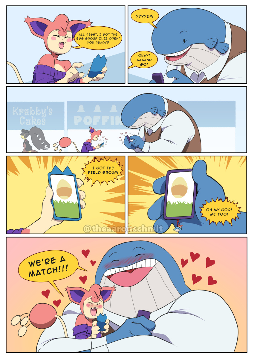 &lt;3 aaron_schmit absurd_res anthro cellphone clothed clothing female hi_res holding_cellphone holding_object holding_phone larger_male male male/female mawile nintendo phone pok&eacute;mon pok&eacute;mon_(species) size_difference skitty smaller_female tinder_skitty video_games wailord