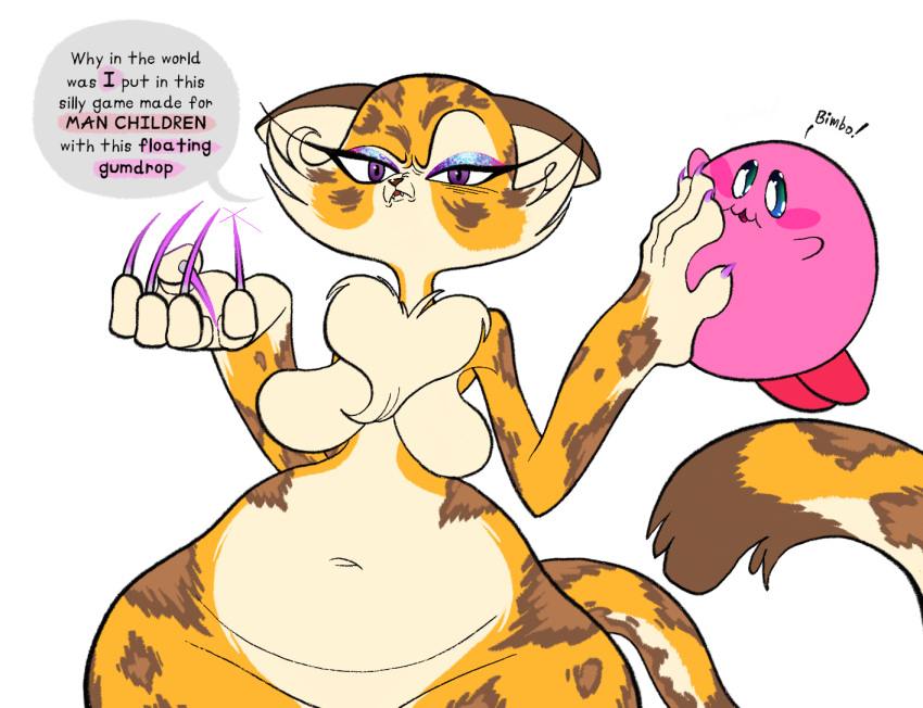 anthro breasts clawroline claws dialogue duo english_text eyelashes eyeliner felid female huge_thighs kaboozey kirby_(series) leopard looking_at_viewer makeup male mammal nintendo pantherine text thick_thighs video_games wide_hips