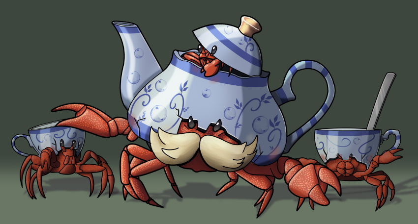 absurd_res arthropod concept_art container crab crustacean cup cutlery decapoda facial_hair feral group hi_res kitchen_utensils malacostracan marine mustache red_body simple_background size_difference sk8th spoon tea_cup teapot tools