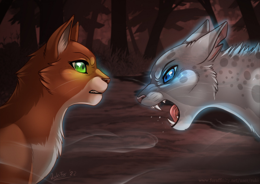 angry ashfur_(warriors) blue_eyes domestic_cat duo felid feline felis feral fur green_eyes grey_body grey_fur mammal open_mouth orange_body orange_fur rukifox squirrelflight_(warriors) warriors_(cats)