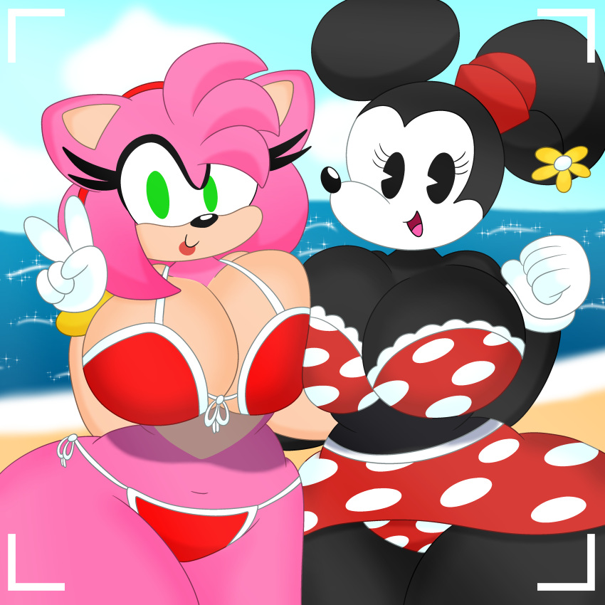 2022 3barts 4k absurd_res accessory amy_rose anthro beach big_breasts big_ears bikini black_body black_fur bottomwear breast_squish breasts breasts_frottage camera_view clothing curvy_figure detailed_background digital_media_(artwork) disney dot_eyes duo eulipotyphlan eyelashes female fingers fur gesture gloves green_eyes hair handwear hat headband headgear headwear hedgehog hi_res hourglass_figure huge_breasts lips looking_at_viewer mammal midriff minnie_mouse mouse multicolored_body multicolored_fur murid murine navel outside pink_body pink_fur pink_hair rodent sea seaside sega short_hair side-tie_bikini skirt smile sonic_the_hedgehog_(series) squish standing swimwear tan_body tan_fur thick_thighs tongue topwear tube_top two_tone_body two_tone_fur v_sign voluptuous water white_body white_fur wide_hips