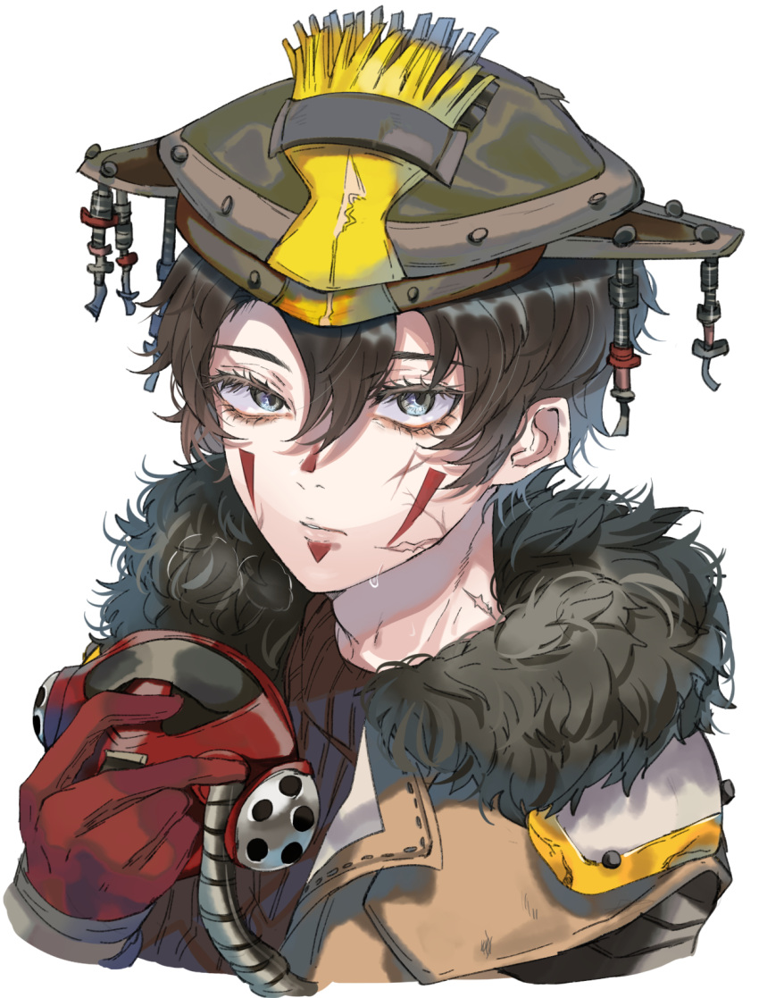 1other androgynous animification apex_legends black_hair black_sweater bloodhound_(apex_legends) brown_jacket fur_trim gloves grey_eyes hair_behind_ear hair_between_eyes helmet highres holding holding_mask jacket kayanogura mask mask_removed portrait rebreather red_gloves ribbed_sweater sweater white_background