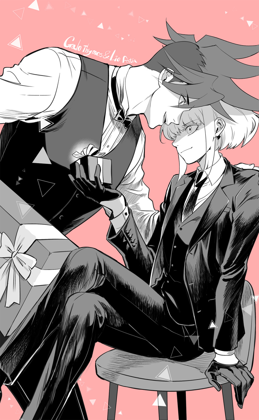 2boys 302 box chair formal galo_thymos gift gift_box gloves half_gloves highres holding holding_gift lio_fotia male_focus monochrome multiple_boys necktie promare sitting suit three-piece_suit valentine vest waistcoat
