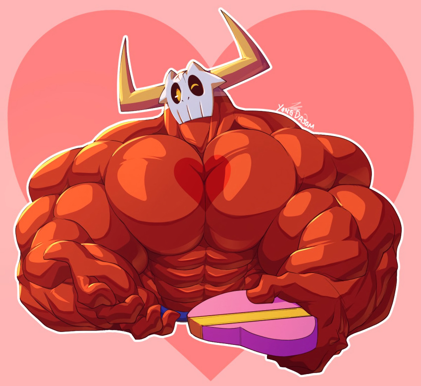 &lt;3 2022 5_fingers abs belt biceps big_biceps big_horn big_muscles big_pecs black_sclera blue_belt bone demon demon_humanoid fingers front_view gift half-length_portrait heart_background heart_shaped_box hi_res holding_gift holding_object holidays horn huge_muscles humanoid looking_at_viewer male mostly_nude muscular muscular_arms muscular_humanoid muscular_male neck_muscles offering_gift one_eye_closed outline pecs piesac pink_background portrait pupils red_body red_skin signature simple_background skull skull_head solo valentine's_day white_outline wink yellow_eyes yellow_pupils yongdasom
