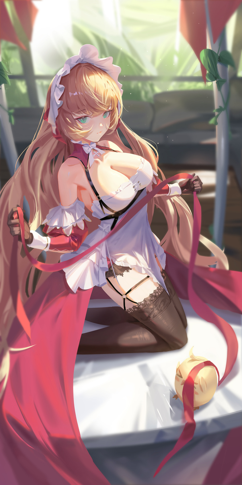 &gt;_&lt; 1girl absurdly_long_hair azur_lane bare_shoulders black_gloves black_legwear blonde_hair blurry blurry_background breasts cleavage detached_sleeves dress eyebrows_visible_through_hair frilled_hairband frills from_side full_body garter_straps gloves green_eyes hairband highres holding holding_ribbon howe_(azur_lane) howe_(pastry_princess)_(azur_lane) indoors juliet_sleeves kneeling lace-trimmed_legwear lace_trim large_breasts long_hair long_sleeves looking_to_the_side maid_headdress manjuu_(azur_lane) official_alternate_costume puffy_sleeves red_dress red_ribbon red_sleeves ribbon sansan_(dongfangzhong111) solo thighhighs two-tone_dress very_long_hair white_dress wooden_floor