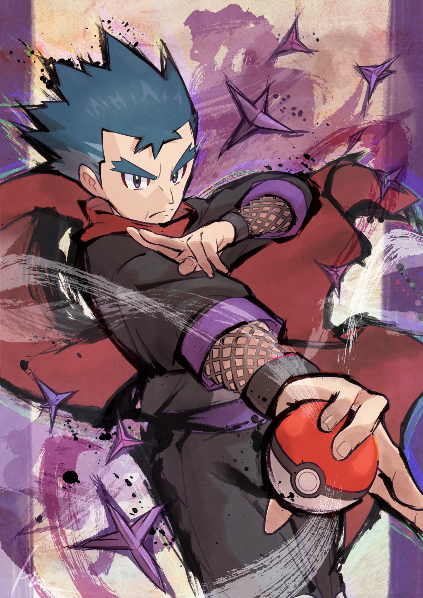 1boy bangs black_eyes black_hair caltrops closed_mouth commentary_request floating_scarf frown hand_up highres holding holding_poke_ball koga_(pokemon) male_focus ninja outstretched_arm poke_ball poke_ball_(basic) pokemon pokemon_(game) pokemon_hgss red_scarf scarf serious solo spiked_hair split_mouth tom_(pixiv10026189)