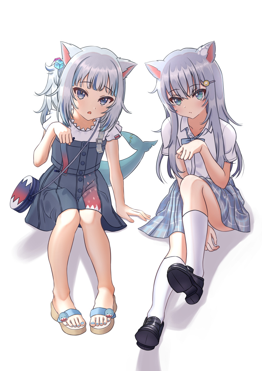 2girls absurdres animal_ears bag black_footwear blue_bow blue_dress blue_eyes blue_hair blue_skirt borrowed_character bow buttons cat_ears creator_connection crossover dress eyebrows_visible_through_hair fish_tail full_body gawr_gura hair_cubes hair_ornament hairclip highres hololive hololive_english jedd_(jeddisorange) knee_up legs looking_at_viewer multicolored_hair multiple_girls nacho_(amashiro_natsuki) nail_art nail_polish official_alternate_costume original paw_pose plaid plaid_skirt sandals shark_tail shirt shoulder_bag silver_hair simple_background sitting skirt socks streaked_hair tail toenail_polish toenails virtual_youtuber white_background white_legwear white_shirt