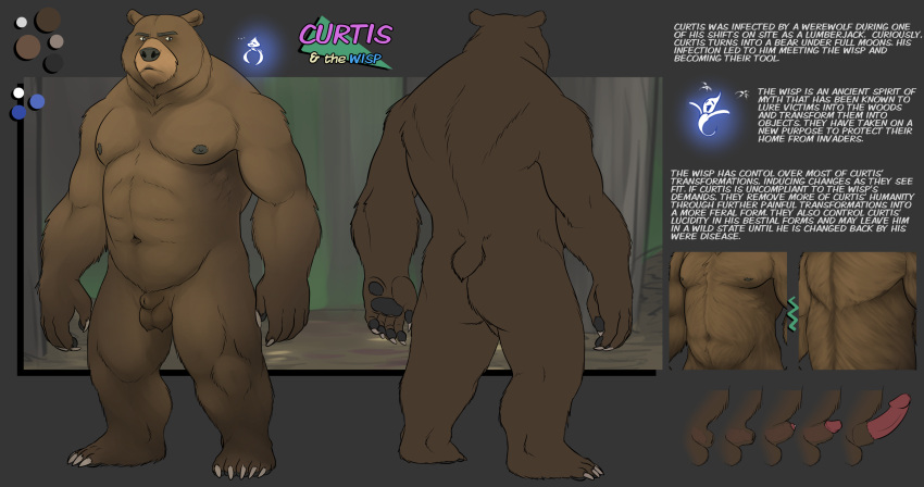 2021 abs absurd_res animal_genitalia animal_penis anthro awarebear balls becoming_erect belly butt character_description character_name claws color_swatch curtis_(awarebear) description erection flaccid fur genitals hi_res male mammal model_sheet muscular muscular_male nipples nude pawpads paws penis sharp_claws solo spirit ursid were wereursid