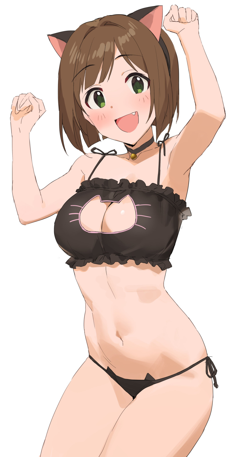 1girl :d absurdres animal_ears animal_print arm_up armpits black_bra black_panties blush bra breasts brown_hair cat_cutout cat_ears cat_lingerie cat_panties cat_print clothing_cutout eyebrows_visible_through_hair fake_animal_ears fang green_eyes hand_up highres idolmaster idolmaster_cinderella_girls large_breasts looking_at_viewer maekawa_miku meme_attire navel onao panties print_panties short_hair side-tie_panties simple_background smile solo stomach underwear underwear_only white_background