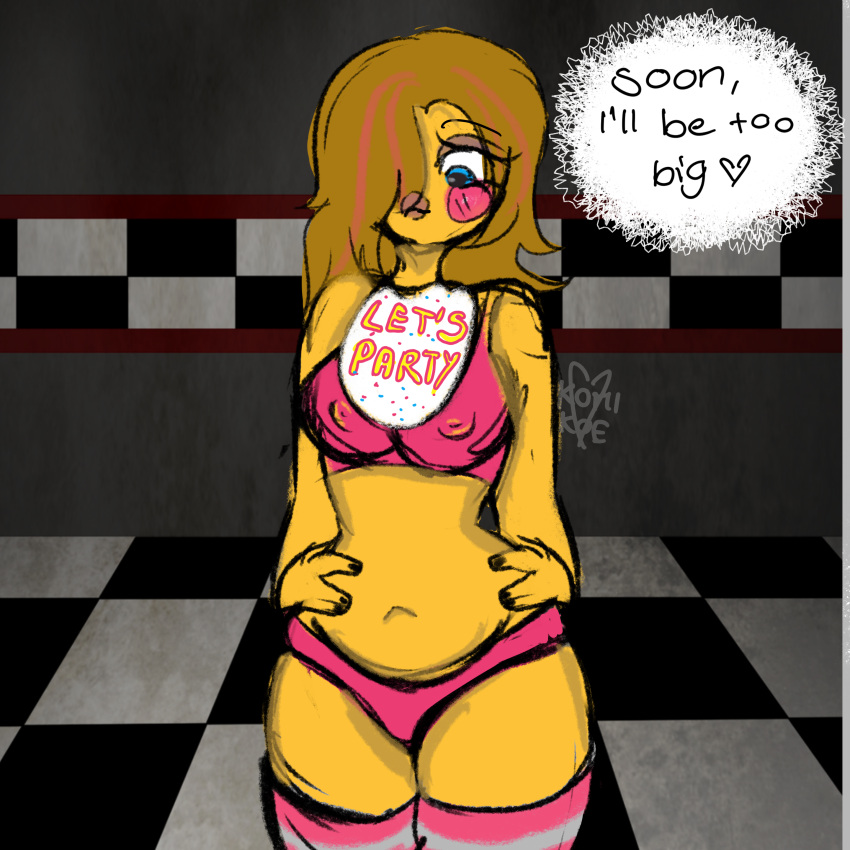 absurd_res anthro avian beak belly_grab big_breasts big_butt bird blue_eyes breasts brown_hair butt chica_(fnaf) clothing colored_nails confident erect_nipples eyeshadow female five_nights_at_freddy's five_nights_at_freddy's_2 five_nights_at_freddy's_3 footwear hair hi_res komiko komikoe legwear makeup nails nipple_outline nipples overweight scottgames slightly_chubby small_waist socks solo squish thigh_highs thigh_socks thigh_squish toy_chica_(fnaf) video_games weight_gain wide_hips