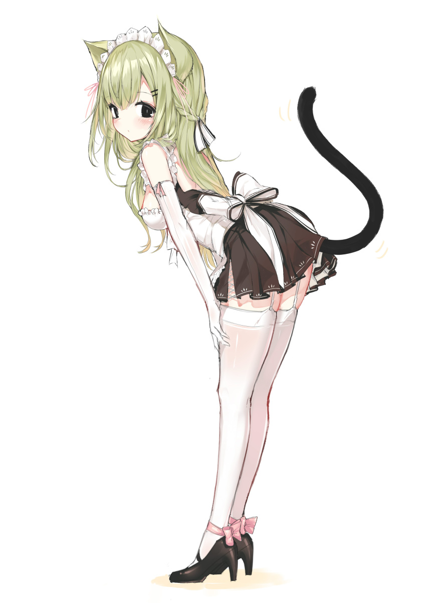 1girl absurdres animal_ears back_bow bangs black_dress black_eyes black_footwear blush bow breasts cat_ears cat_girl cat_tail closed_mouth colored_shadow commentary dress elbow_gloves eyebrows_visible_through_hair full_body garter_straps gloves green_hair hair_ornament hairclip high_heels highres leaning_forward long_hair looking_at_viewer looking_to_the_side medium_breasts original pink_bow pleated_dress shadow shoes simple_background solo standing tail tail_raised thighhighs very_long_hair white_background white_bow white_gloves white_legwear yuui_hutabakirage