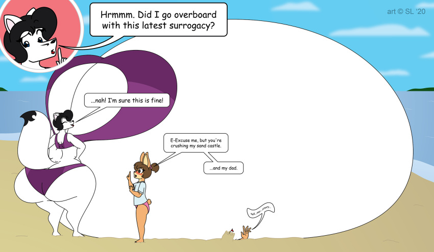 2020 anthro arctic_fox beach belly big_belly big_breasts big_butt bikini black_hair blue_eyes breasts brown_eyes brown_hair butt canid canine child clothing cloud digital_media_(artwork) english_text eyes_closed father father_and_child female fox fur group hair hi_res huge_breasts huge_butt hyper hyper_belly hyper_breasts hyper_pregnancy lagomorph leporid male mammal nicole_(satsumalord) parent parent_and_child pregnant pregnant_female rabbit sand sand_castle satsumalord sculpture seaside shirt sky speech_bubble swimwear text topwear water white_body white_fur young