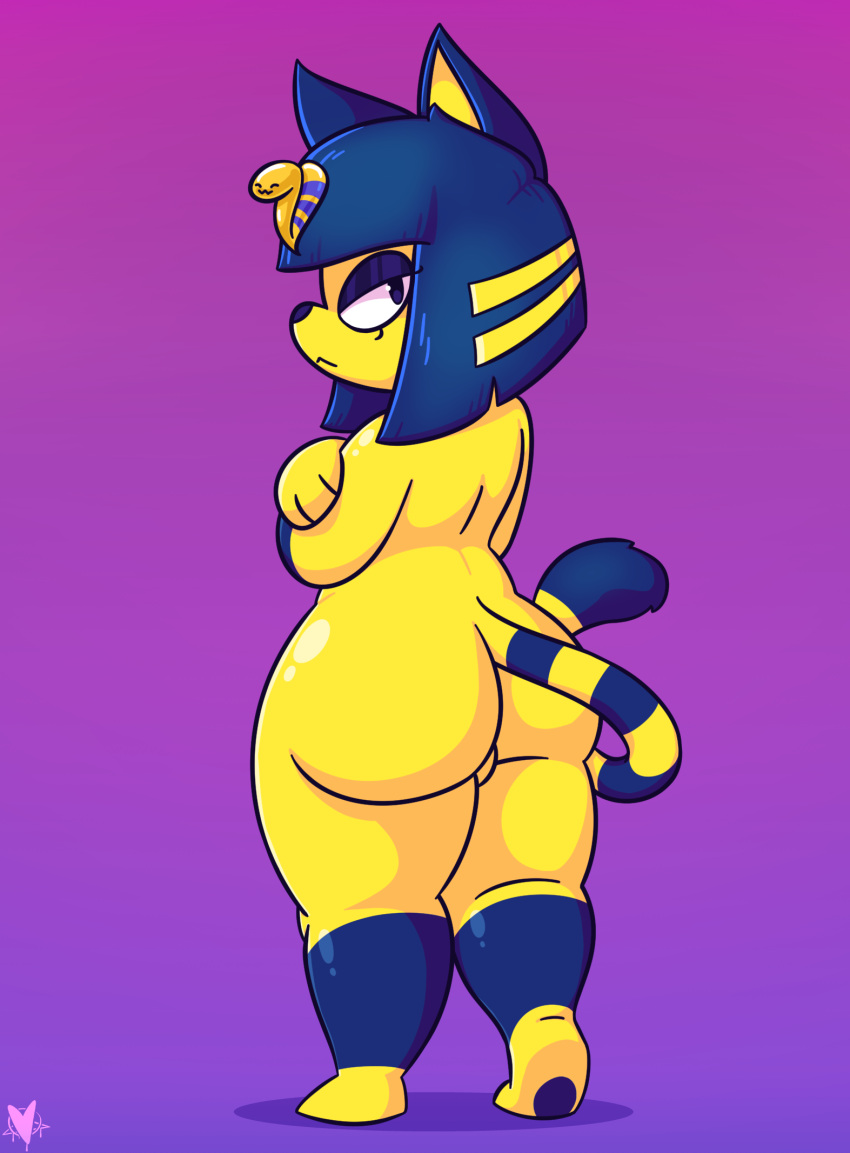 animal_crossing ankha_(animal_crossing) anthro big_butt blue_body blue_fur blue_hair butt clothing crossed_arms curvy_figure domestic_cat egyptian_clothing egyptian_headdress eyelashes eyeshadow felid feline felis female foamytail fur glistening glistening_butt glistening_shoulders hair hi_res looking_at_viewer looking_back looking_back_at_viewer makeup mammal markings nintendo pawpads purple_background short_stack simple_background solo striped_markings striped_tail stripes tail_markings thick_thighs video_games voluptuous wide_hips yellow_body yellow_fur