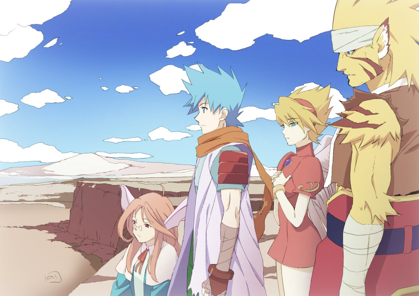 animal_ears blonde_hair breath_of_fire breath_of_fire_iii closed_mouth cloud dress glasses highres jewelry long_hair momo_(breath_of_fire) multiple_boys multiple_girls nina_(breath_of_fire_iii) nori_(norimakigumo) orange_hair rabbit_ears rei_(breath_of_fire) robe ryuu_(breath_of_fire_iii) short_hair white_wings wings