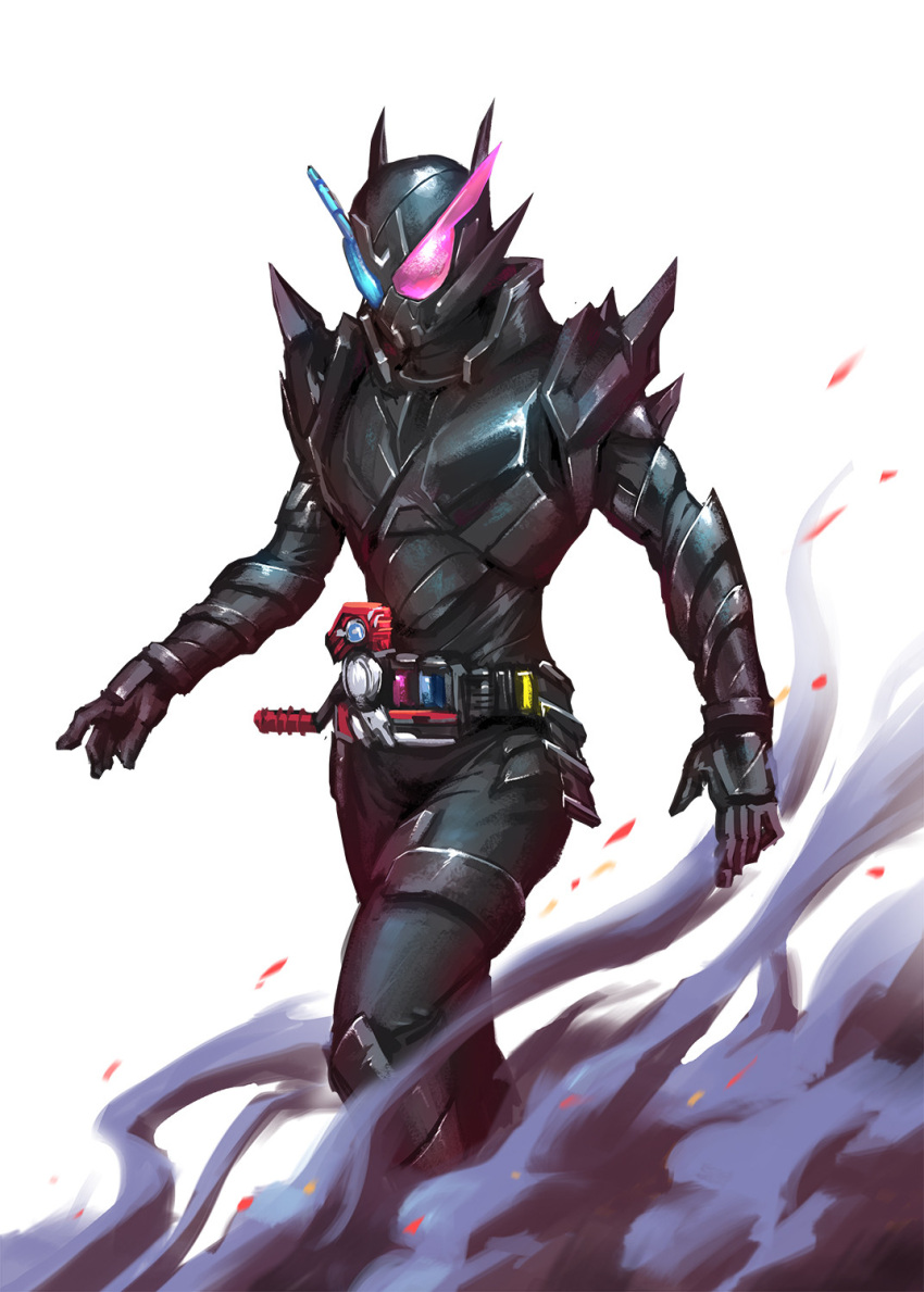 1boy armor black_armor black_background blue_eyes build_driver compound_eyes cowboy_shot driver hazard_trigger heterochromia highres kamen_rider kamen_rider_build kamen_rider_build_(series) looking_at_viewer male_focus peihao_wang rabbit+tank_form_(black_hazard) red_eyes science_fiction shoulder_armor solo steam steaming_body upper_body walking