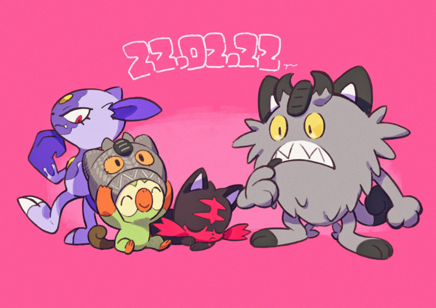 ^_^ closed_eyes closed_mouth commentary_request dated eyelashes fang frown galarian_meowth grookey hatted_pokemon hemhemhoo highres hisuian_sneasel litten lying no_humans on_stomach pink_background pokemon pokemon_(creature) red_eyes sharp_teeth sitting smile standing teeth