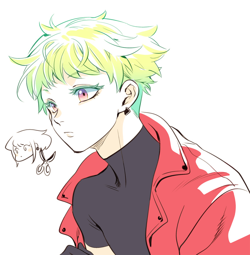 1boy 302 alternate_hair_length alternate_hairstyle colored_eyelashes earrings firefighter_jacket green_hair highres jacket jewelry lio_fotia male_focus messy_hair promare purple_eyes red_eyes red_jacket short_hair solo turtleneck