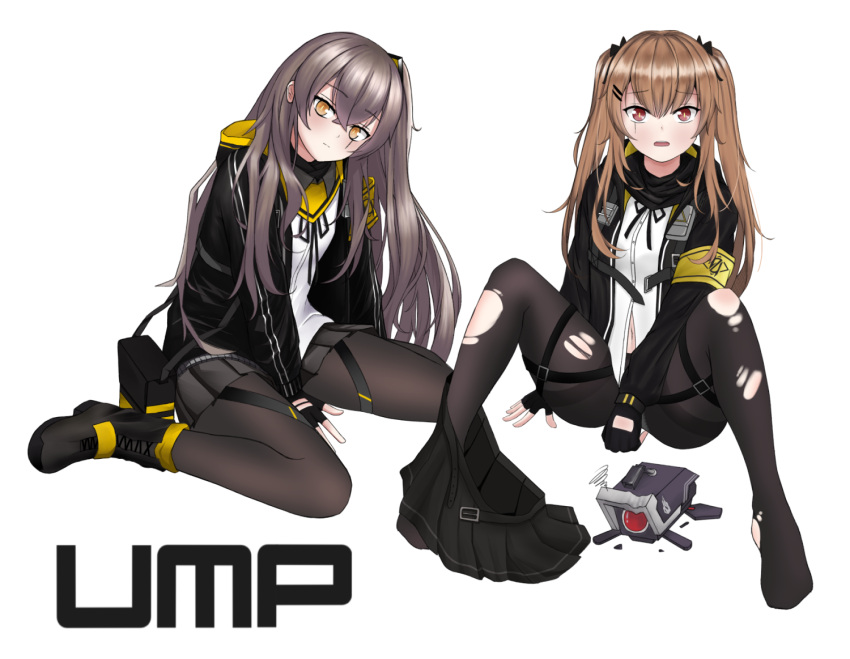 2girls bag bangs black_bag black_footwear black_gloves black_jacket black_legwear black_scarf black_skirt blush boots bow brown_hair character_name closed_mouth dinergate_(girls'_frontline) eyebrows_visible_through_hair full_body girls'_frontline gloves hair_bow hair_ornament hairclip hand_on_floor holding holding_bag jacket light_brown_eyes long_hair looking_at_viewer multiple_girls no_shoes on_floor open_clothes open_jacket open_mouth paaam pantyhose partially_fingerless_gloves red_eyes scar scar_across_eye scarf shirt side_ponytail simple_background skirt skirt_removed spread_legs torn_clothes torn_legwear twintails ump45_(girls'_frontline) ump9_(girls'_frontline) weapon_removed white_background white_shirt