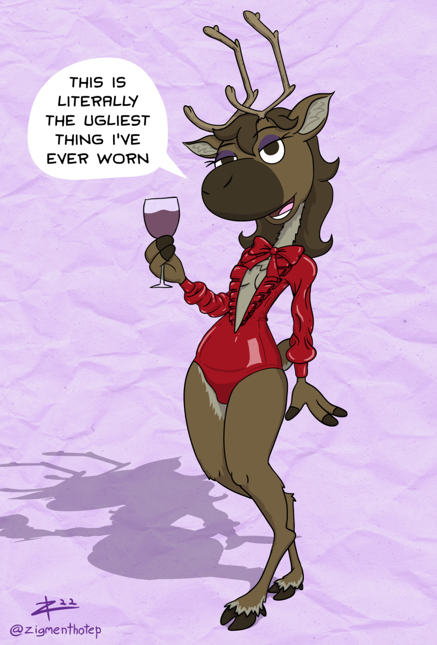 2022 2_toes 3_fingers anthro antlers brown_body brown_eyes brown_fur brown_hair capreoline cel_shading cervid clothing countershading digital_drawing_(artwork) digital_media_(artwork) english_text eyeshadow feet female fetishwear fingers fur hair half-closed_eyes hi_res holding_wine_glass hooved_fingers hooves horn latex_clothing looking_at_viewer makeup mammal narrowed_eyes open_mouth purple_background purple_eyeshadow red_clothing reindeer shaded signature simple_background solo speech_bubble tan_body tan_countershading text textured_background toes toony zigmenthotep