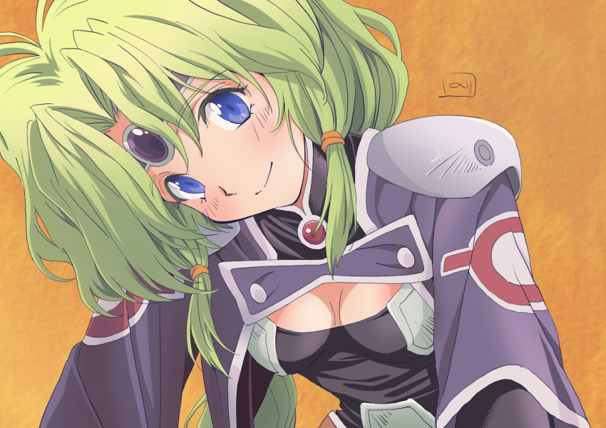 1girl blue_eyes breasts circlet closed_mouth dress green_hair haou_taikei_ryuu_knight highres long_hair looking_at_viewer nori_(norimakigumo) paffy_pafuricia simple_background smile solo twintails
