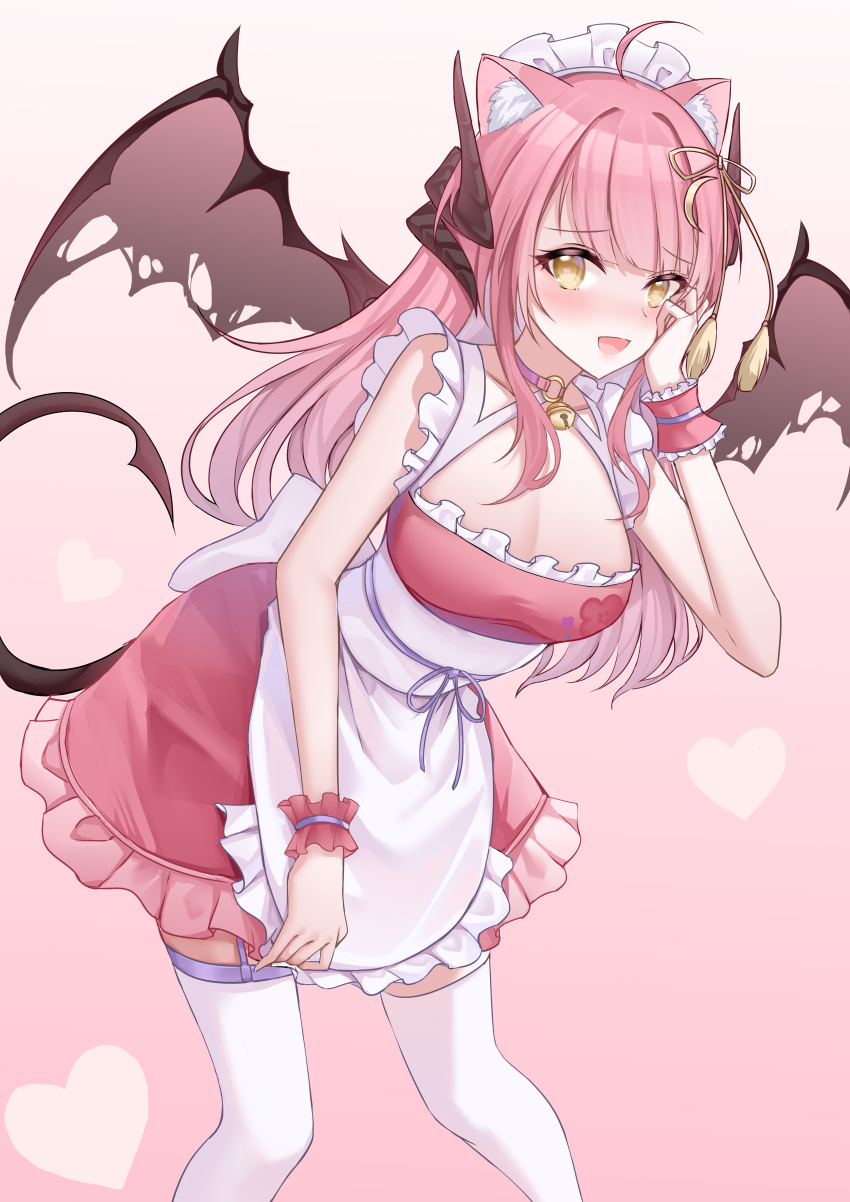 1girl absurdres apron bangs bare_arms blush breasts cleavage dress eyebrows_visible_through_hair hair_ornament heart highres horns indie_virtual_youtuber large_breasts long_hair looking_at_viewer maid maid_headdress open_mouth pink_background pink_dress simple_background smile solo sorayo_noriyuki tail thighhighs torn_wings virtual_youtuber white_apron white_headwear white_legwear wings yellow_eyes