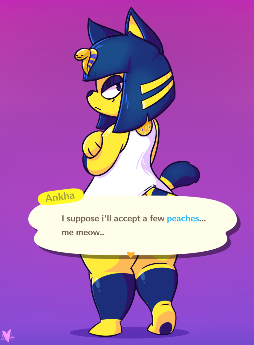 animal_crossing ankha_(animal_crossing) anthro big_butt blue_body blue_fur blue_hair bottomwear butt clothed clothing clothing_lift convenient_censorship crossed_arms curvy_figure domestic_cat dress dress_lift egyptian_clothing egyptian_headdress english_text eyelashes eyeshadow felid feline felis female foamytail fur glistening_shoulders hair hi_res looking_at_viewer looking_back looking_back_at_viewer makeup mammal markings nintendo pawpads purple_background short_stack simple_background skirt skirt_lift solo striped_markings striped_tail stripes tail_markings text text_box thick_thighs video_games voluptuous wide_hips yellow_body yellow_fur