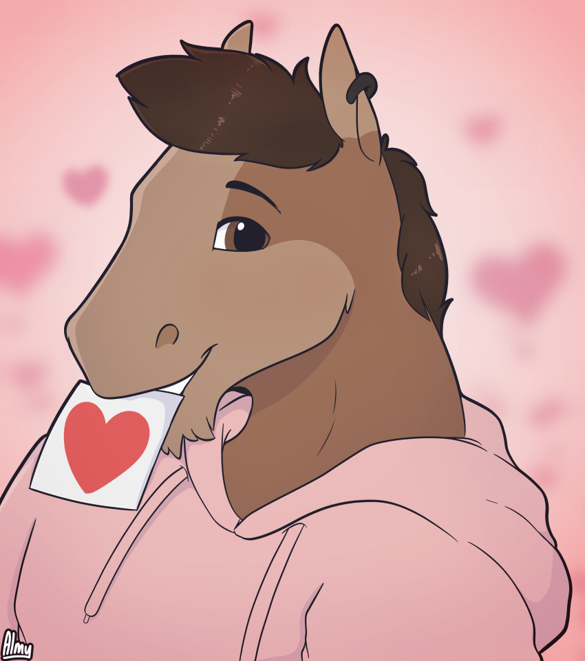 &lt;3 absurd_res almy anthro brick_heartstone clothed clothing digital_media_(artwork) ear_piercing equid equine hi_res hoodie horse male mammal note piercing simple_background solo topwear watermark