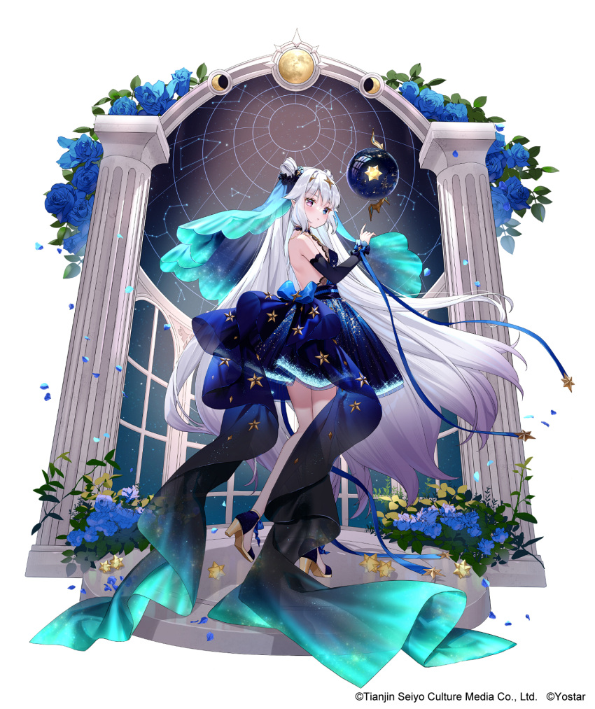 1girl backless_dress backless_outfit bare_legs bare_shoulders blue_dress blue_eyes breasts column dress flower from_behind full_body hair_between_eyes hair_rings heterochromia high_heels highres long_hair looking_at_viewer looking_back matveiffe_(revived_witch) medium_breasts official_art pillar pointy_ears purple_eyes revived_witch rosuuri see-through showgirl_skirt silver_hair sleeveless veil very_long_hair
