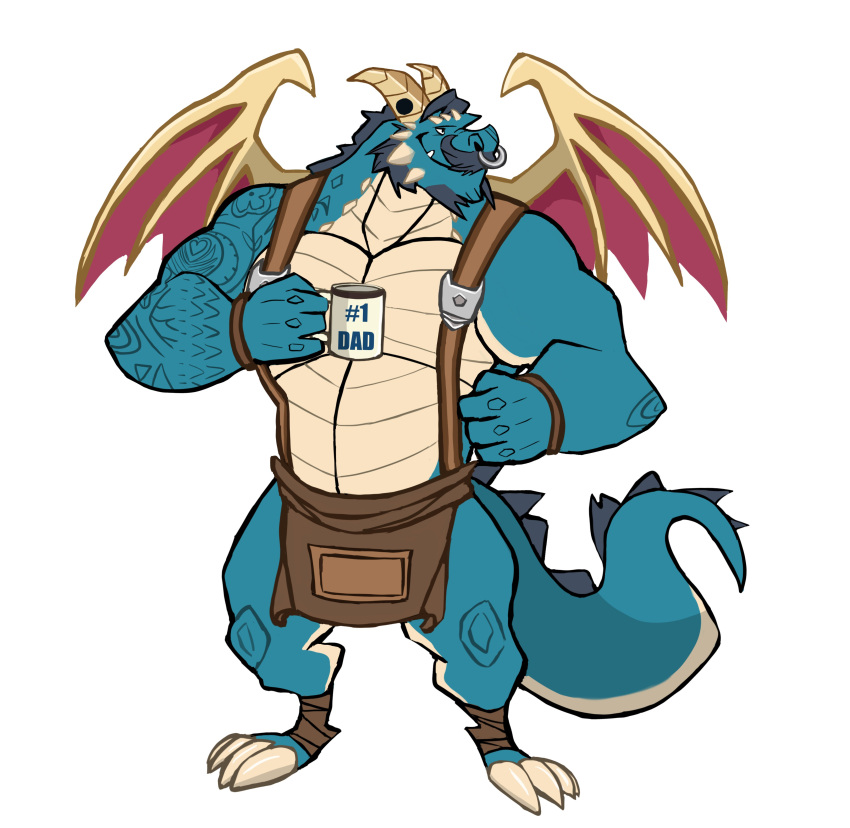 absurd_res activision anthro apron blue_body claws clothing coffee_mug darknaigart dragon facial_hair facial_piercing gavin_(spyro) hair hi_res horn male muscular muscular_anthro muscular_male mustache nose_piercing nose_ring piercing rescued_dragons_(spyro) scalie simple_background solo spyro_reignited_trilogy spyro_the_dragon tattoo video_games white_background wings