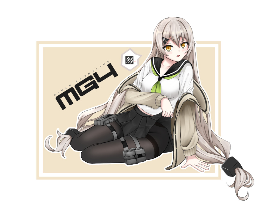 1girl bangs black_legwear black_skirt blonde_hair blush breasts character_name clothes_lift collarbone copyright_name eyebrows_visible_through_hair girls'_frontline hair_ornament hairclip hand_on_floor highres light_brown_eyes long_hair looking_at_viewer low_twintails medium_breasts mg4_(girls'_frontline) on_floor open_mouth paaam pantyhose school_uniform serafuku shirt simple_background skirt skirt_lift solo twintails very_long_hair white_shirt