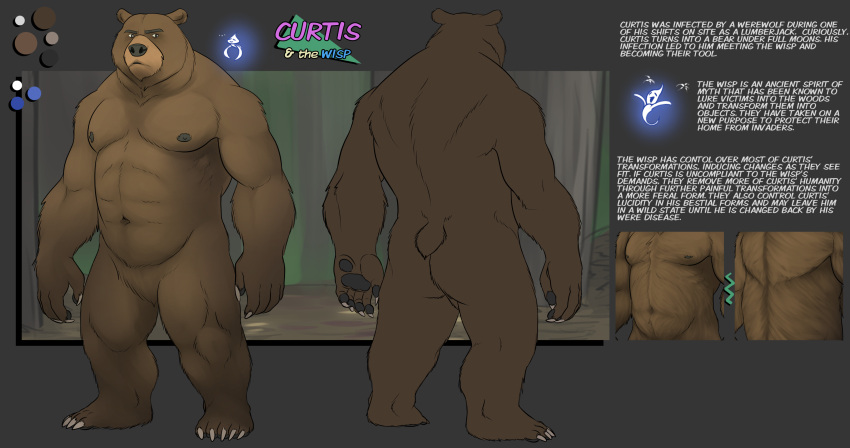 2021 abs absurd_res anthro awarebear belly butt character_description character_name claws color_swatch curtis_(awarebear) description fur hi_res male mammal model_sheet muscular muscular_male nipples nude pawpads paws sharp_claws solo spirit ursid were wereursid