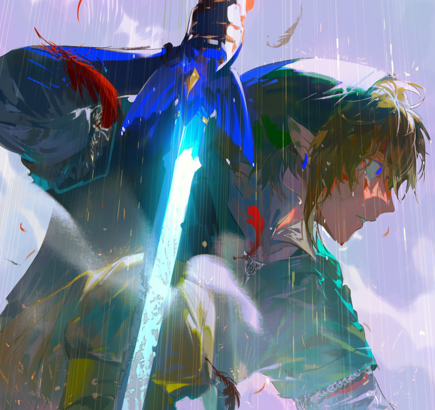 1boy bangs blonde_hair blue_eyes earrings fldwpfdorlskgdk from_side green_headwear green_shirt highres holding holding_sword holding_weapon jewelry knee_up light link long_sleeves master_sword pointy_ears rain shiny shirt solo sword the_legend_of_zelda the_legend_of_zelda:_ocarina_of_time weapon