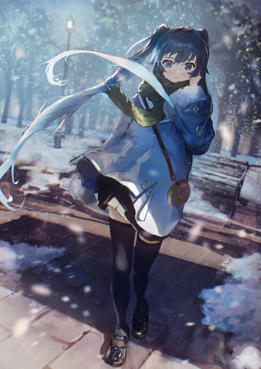 1girl absurdres bag bangs bench black_footwear black_legwear black_skirt blue_coat blue_eyes blue_hair blush closed_mouth coat commentary eyebrows_visible_through_hair full_body fur_trim hand_in_hair hand_up hatsune_miku highres hirooriginals lamppost long_hair long_sleeves looking_at_viewer mary_janes outdoors park_bench pleated_skirt scarf shoes shoulder_bag skirt snow snowing solo standing thighhighs tree twintails very_long_hair vocaloid winter zettai_ryouiki