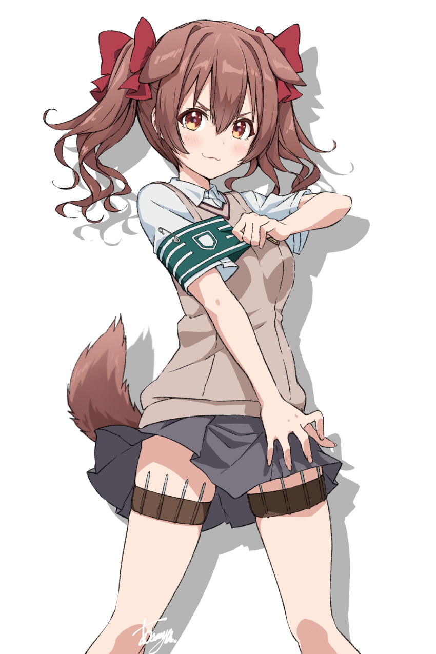 1girl :3 animal_ears armband asanaya bow breasts brown_eyes brown_sweater_vest brown_tail collared_shirt cosplay dog_ears dog_girl dog_tail dot_nose dress_shirt drop_shadow extra_ears feet_out_of_frame grey_skirt hair_between_eyes hair_bow highres hololive inugami_korone looking_at_viewer needle red_bow safety_pin school_uniform shirai_kuroko shirai_kuroko_(cosplay) shirt short_sleeves signature simple_background skirt solo sweater_vest tail thigh_strap throwing_needles toaru_kagaku_no_railgun toaru_majutsu_no_index tokiwadai_school_uniform twintails v-neck v-shaped_eyebrows virtual_youtuber white_background white_shirt