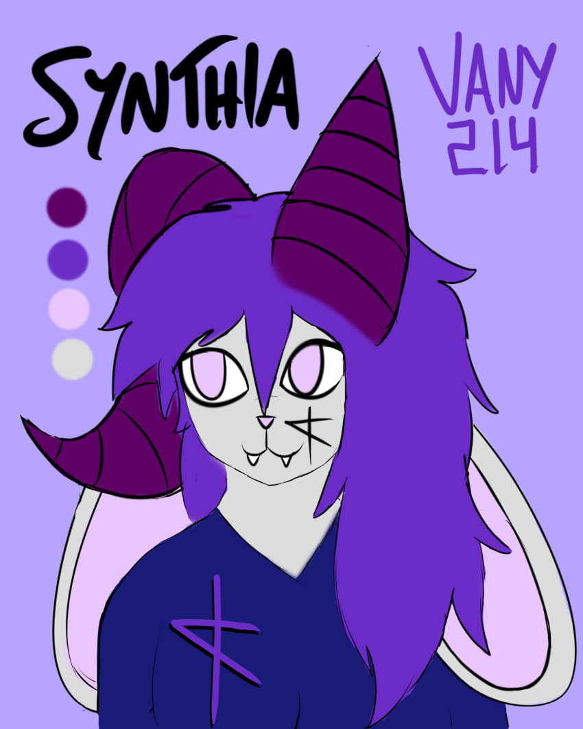 absurd_res anthro clothing demon facial_markings fangs female hair head_markings hi_res horn lagomorph leporid long_ears long_hair long_horn mammal markings purple_eyes purple_hair purple_horn rabbit solo synthia(vany214) vany214