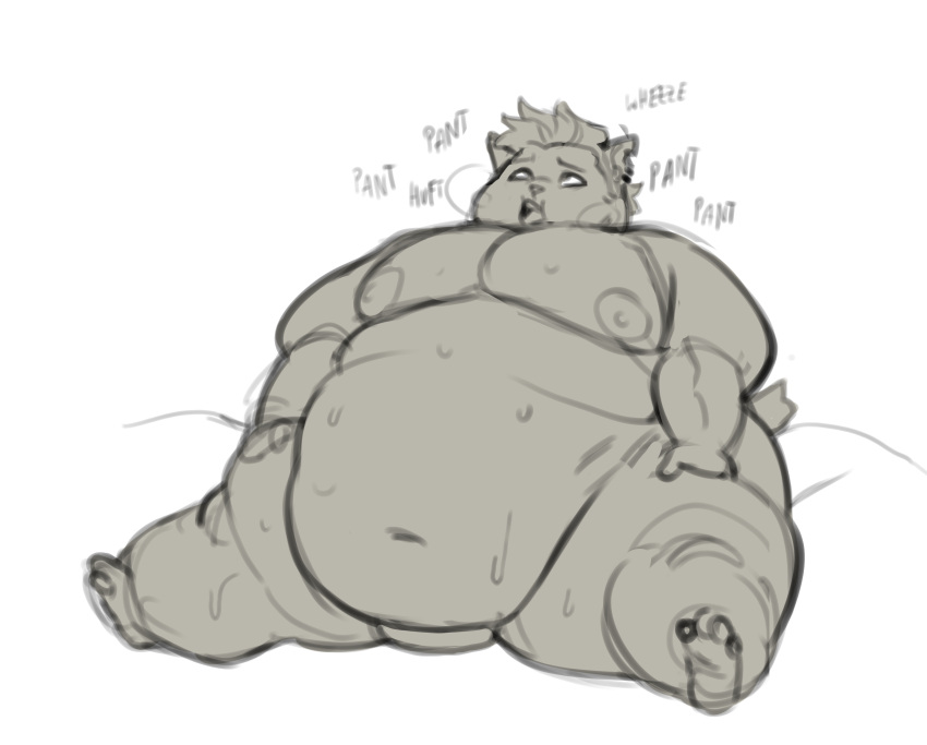 absurd_res anthro bodily_fluids breath canid canine devin_(kyrosh) ear_piercing english_text hi_res kyrosh male mammal nipples obese obese_male overweight overweight_male panting piercing sitting solo sound_effects sweat text