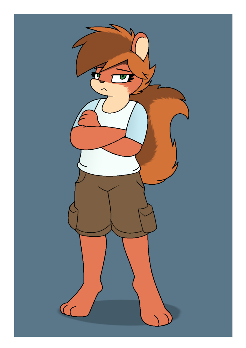 anthro bottomwear clothed clothing green_eyes hi_res looking_at_viewer mammal pants paws pencil_bolt red_beans_(pencil_bolt) red_body rodent sciurid shirt solo standing t-shirt tomboy topwear
