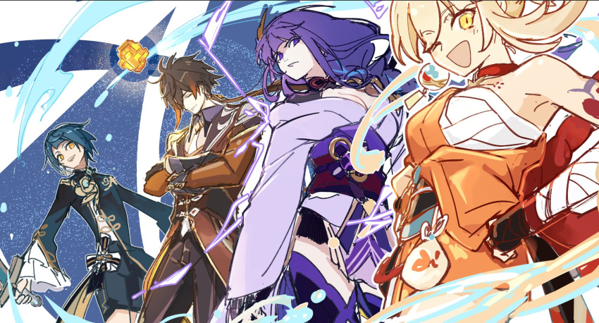 2boys 2girls bandaged_arm bandages bangs black_hair blonde_hair blue_hair breasts brown_hair choker cleavage closed_mouth coat crossed_arms earrings frilled_sleeves frills genshin_impact gradient_hair hair_between_eyes hair_ornament hand_on_hip highres holding holding_sword holding_weapon japanese_clothes jewelry long_hair looking_at_viewer multicolored_hair multiple_boys multiple_girls one_eye_closed open_mouth parted_lips ponytail purple_eyes purple_hair raiden_shogun sarashi shorts single_earring sumirou-kun sword tattoo weapon xingqiu_(genshin_impact) yellow_eyes yoimiya_(genshin_impact) zhongli_(genshin_impact)