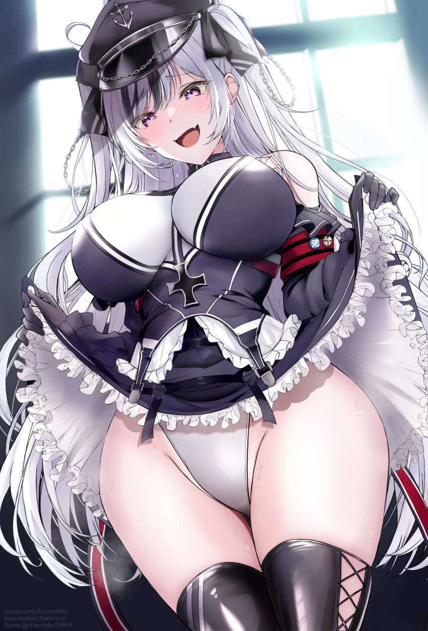 1girl azur_lane bangs bare_shoulders black_dress black_gloves black_hair black_headwear black_legwear blush breasts clothes_lift commentary_request cowboy_shot dress dress_lift elbe_(azur_lane) fang frills gloves hair_ornament hat highleg highleg_leotard highres large_breasts leotard long_hair looking_down multicolored_hair open_mouth purple_eyes silver_hair skin_fang smile solo streaked_hair takaharu thighhighs thighs white_leotard