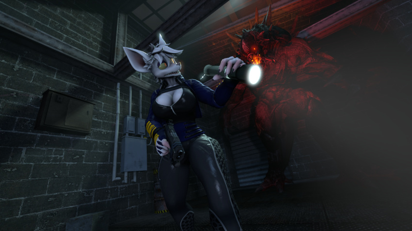 16:9 3d_(artwork) altelier_t anthro big_breasts breasts clothing digital_media_(artwork) duo evolve_(copyright) female feral glowing glowing_body glowing_eyes goliath_(evolve) herm holding_object holding_weapon intersex officer_flint_(foretbwat) scared size_difference solo source_filmmaker weapon widescreen