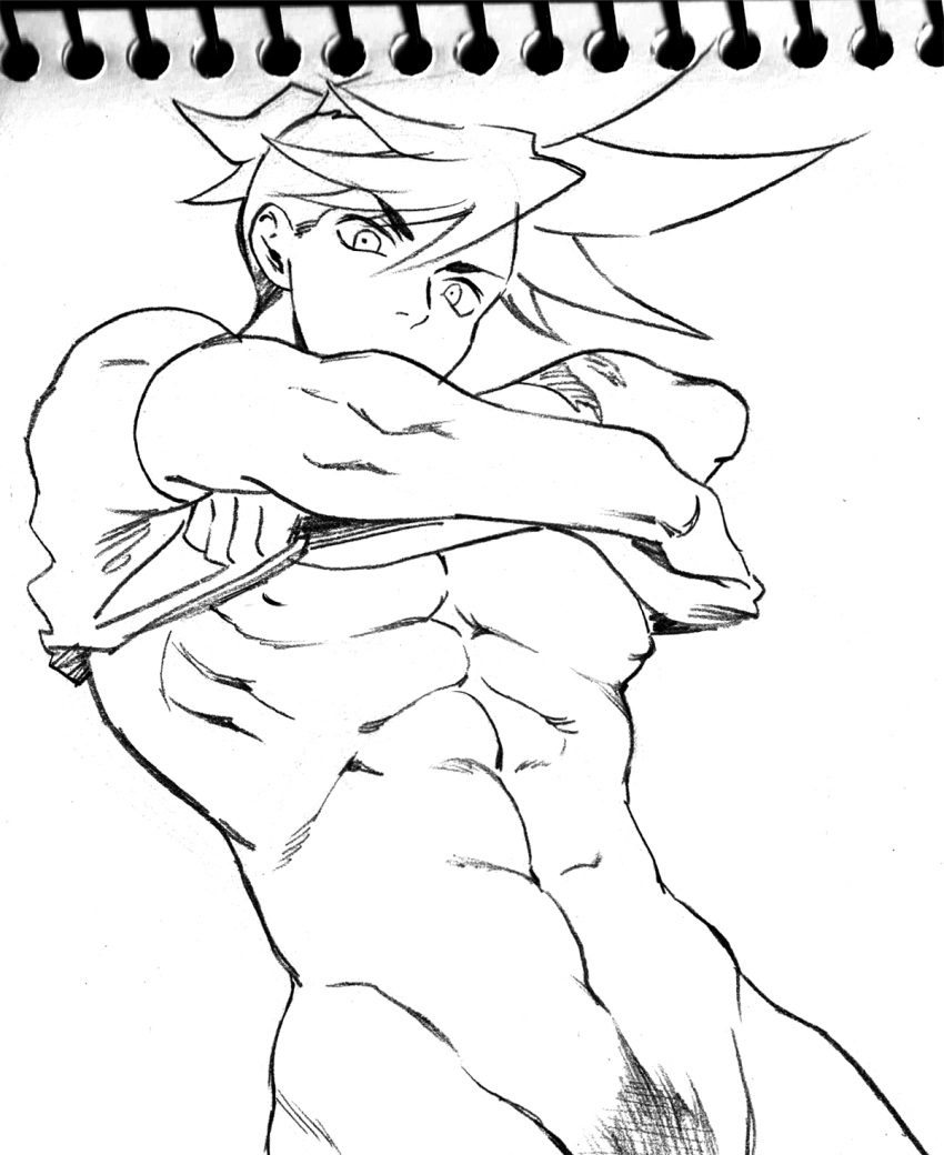 1boy 302 bare_pectorals clothes_lift galo_thymos graphite_(medium) greyscale groin highres male_focus male_pubic_hair monochrome muscular muscular_male nipples pectorals promare pubic_hair scar scar_on_arm shirt_lift sidecut solo spiked_hair traditional_media undressing