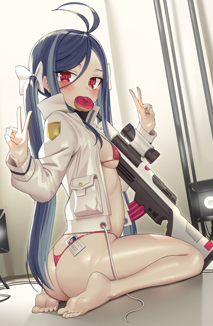 1girl absurdres antenna_hair ass bangs bikini black_hair blue_archive blush bow breasts double_v doughnut error eyebrows_behind_hair food food_on_face fubuki_(blue_archive) goback gun hair_between_eyes hair_bow hands_up highres jacket long_hair long_sleeves looking_at_viewer looking_back medium_breasts mouth_hold open_clothes open_jacket red_bikini red_eyes rifle sitting sniper_rifle sniper_scope solo swept_bangs swimsuit twintails v very_long_hair wariza weapon weapon_request white_bow white_jacket wrong_feet