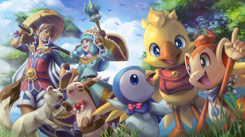 1boy 1girl ^_^ absurdres arm_up bag bandana bangs belt bird blue_cape blue_dress blue_eyes blue_hair blue_shirt blue_shorts blue_sky blunt_bangs bow bowtie breasts brown_gloves brown_hair cape charmander chin_strap chocobo chocobo_no_fushigi_na_dungeon closed_eyes closed_mouth clothed_pokemon cloud commentary commission coppa cross_scar crossover day dress english_commentary eye_contact facial_mark fang final_fantasy final_fantasy_fables fur-trimmed_headwear furret fushigi_no_dungeon fuurai_no_shiren gloves grass grey_bandana grey_eyes hand_up happy highres holding holding_sword holding_wand holding_weapon index_finger_raised jewelry katana koriarredondo light_rays long_hair long_sleeves looking_at_another mouth_hold multicolored_clothes multicolored_headwear necklace open_mouth outdoors outstretched_arm over_shoulder pawpads piplup pointing pointing_up pokemon pokemon_(creature) pokemon_(game) pokemon_mystery_dungeon polka_dot polka_dot_bow pom_pom_(clothes) purple_eyes red_bow red_bowtie rune_master_(sekaiju) rune_master_2_(sekaiju) sandogasa scar scar_on_cheek scar_on_face sekaiju_to_fushigi_no_dungeon sheath sheathed shiren_(fuurai_no_shiren) shirt short_hair short_sleeves shorts sky small_breasts smile stalk_in_mouth striped_cape sunlight sword teeth tree undershirt v-shaped_eyebrows wand weapon weapon_over_shoulder whisker_markings wide_sleeves