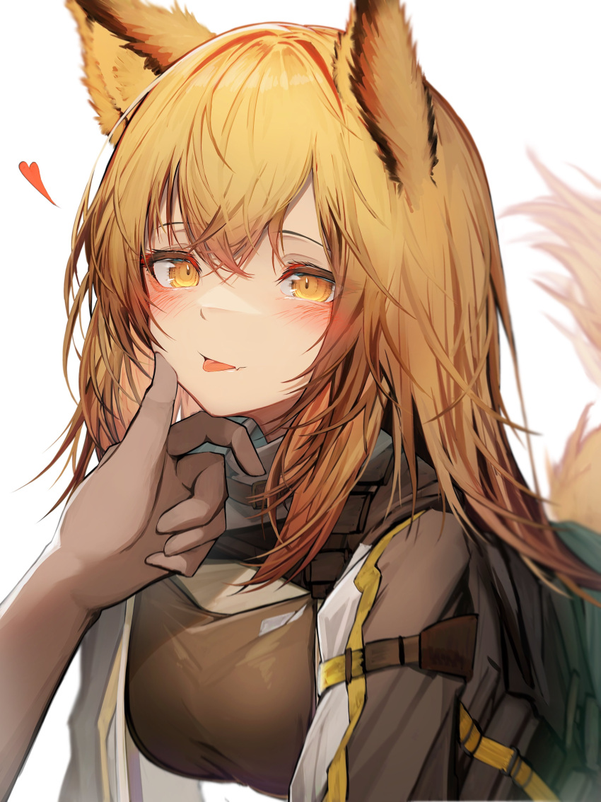 1girl 1other :p absurdres all_fours animal_ears arknights bangs blonde_hair blush breasts ceobe_(arknights) dog_ears dog_girl dog_tail eyebrows_visible_through_hair hand_on_another's_face heart highres large_breasts simple_background smile solo_focus tab_head tail tongue tongue_out white_background yellow_eyes