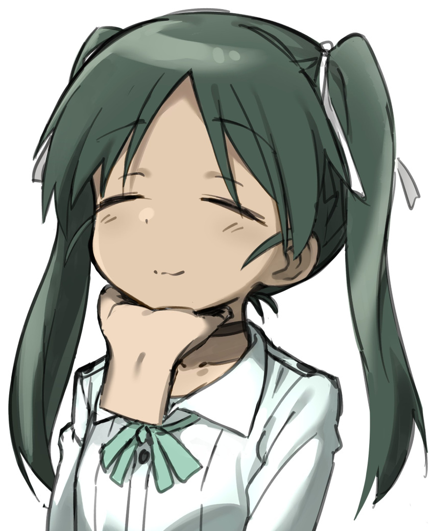 1girl bangs chin_stroking choker closed_eyes disembodied_limb eyebrows_visible_through_hair fankupl francesca_lucchini green_hair hair_ribbon highres jacket long_hair neck_ribbon parted_bangs ribbon simple_background sketch smile strike_witches twintails white_background white_ribbon world_witches_series