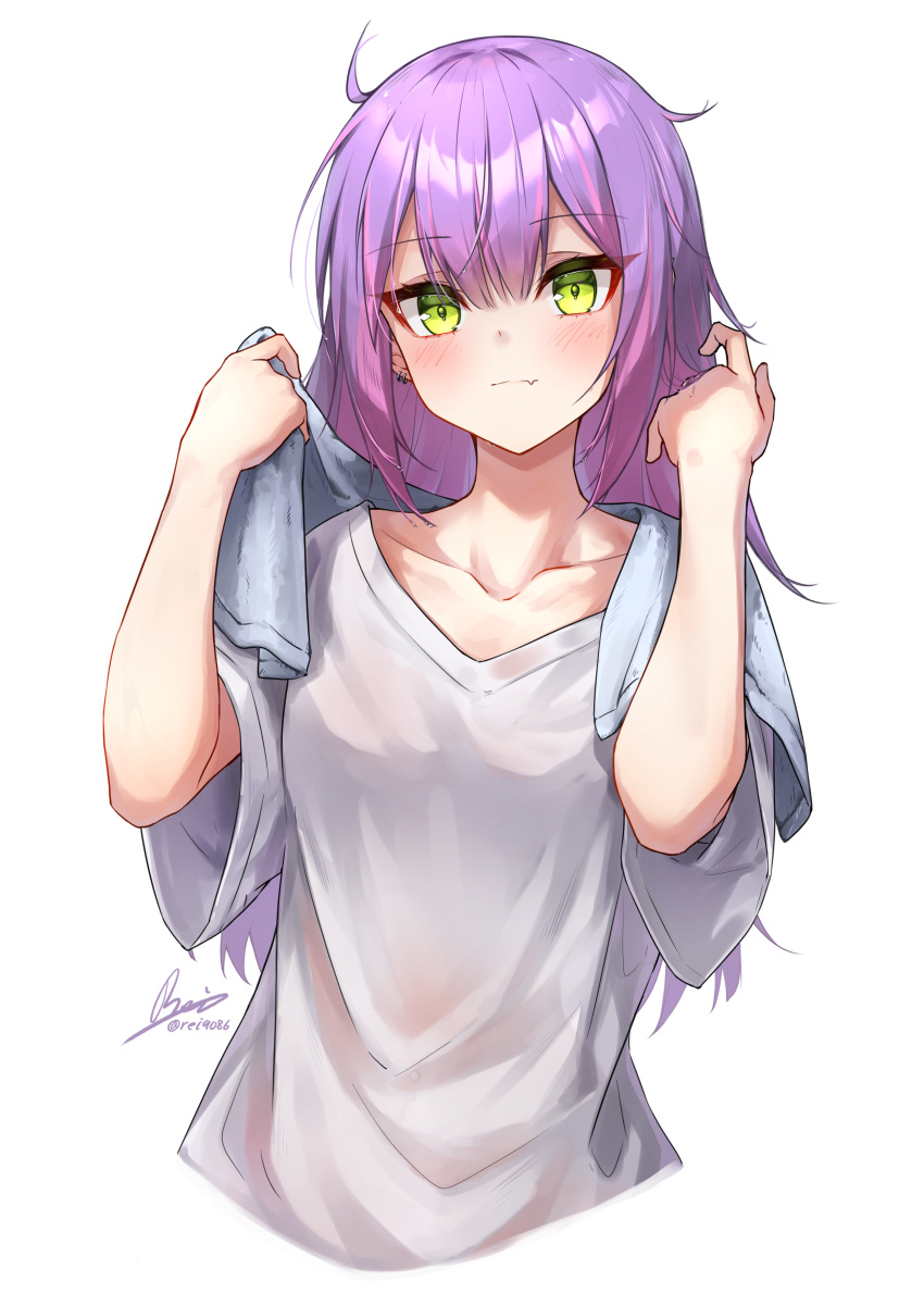 1girl absurdres bangs blush closed_mouth commentary_request ear_piercing eyebrows_visible_through_hair fang fang_out green_eyes hair_between_eyes hands_up highres hololive long_hair looking_at_viewer multicolored_hair piercing pink_hair purple_hair rei_(9086) see-through shirt short_sleeves signature simple_background skin_fang solo tokoyami_towa towel towel_around_neck twitter_username two-tone_hair upper_body virtual_youtuber white_background white_shirt
